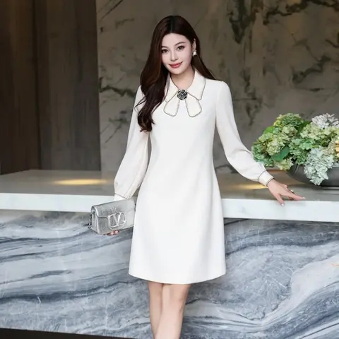 ZJYT Runway Fashion Vrouwen Lange Mouw Casual Jurk Wit Zwart Herfst 2025, Designer Bloemen Strik Effen Korte Korte Jurk Dame