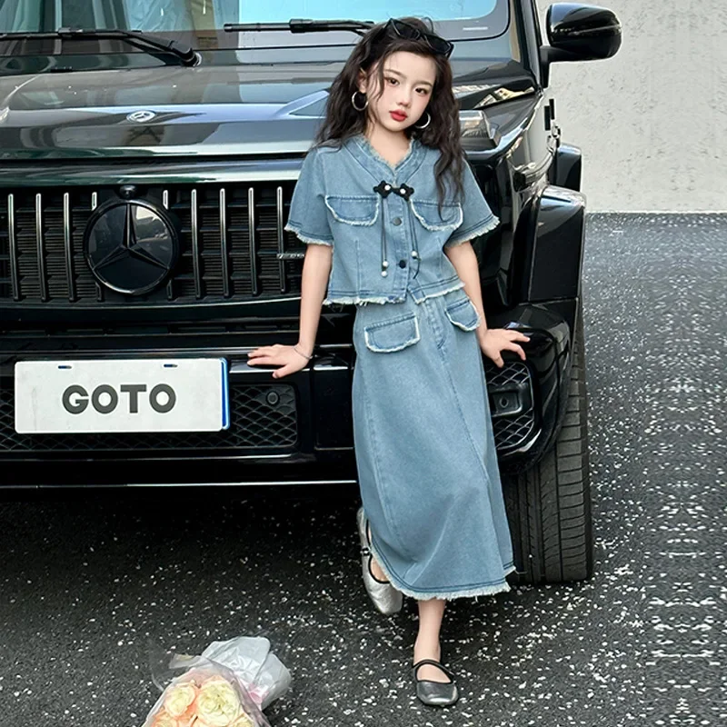 Girls Summer Clothes Set Denim Short Sleeve Tops Skirt Two Pieces Teenage Children Outfits Fashion Blue School Kids Costumes
Girls Summer Clothes Set Denim Short Sleeve Tops Skirt Two Pieces Teenage Children Outfits Fashion Blue School Kids Costumes
