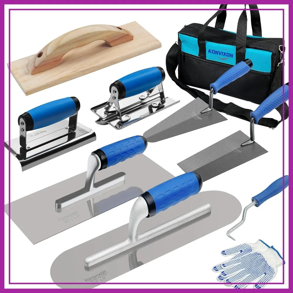 10PCS Concrete Trowel Set: Flat Finishing, Pool Trowel, Wood Float, Edger, Groover, Gauging, Wire Twister, Gloves & Bag
10PCS Concrete Trowel Set: Flat Finishing, Pool Trowel, Wood Float, Edger, Groover, Gauging, Wire Twister, Gloves & Bag