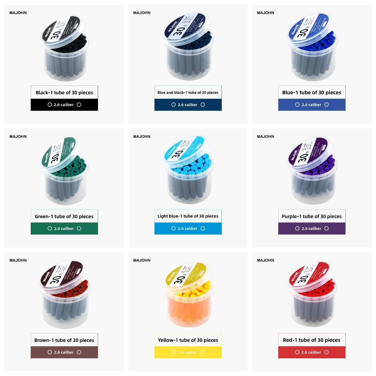 30/6 PCS Majohn 9 Colors 2.6/3.4mm Ink Cartridge 37mm Fountain Pen Ink for Hongdian JINHAO Office School Supplies Stationery
30/6 PCS Majohn 9 Colors 2.6/3.4mm Ink Cartridge 37mm Fountain Pen Ink for Hongdian JINHAO Office School Supplies Stationery