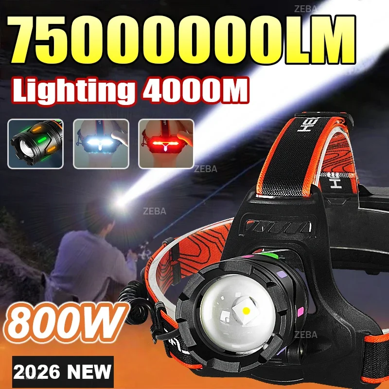 Сверхяркая светодиодная фара 75000000LMSuper Bright, самая мощная налобная лампа с задним фонарем, перезаряжаемый налобный фонарь для кемпинга и рыбалки
Сверхяркая светодиодная фара 75000000LMSuper Bright, самая мощная налобная лампа с задним фонарем, перезаряжаемый налобный фонарь для кемпинга и рыбалки