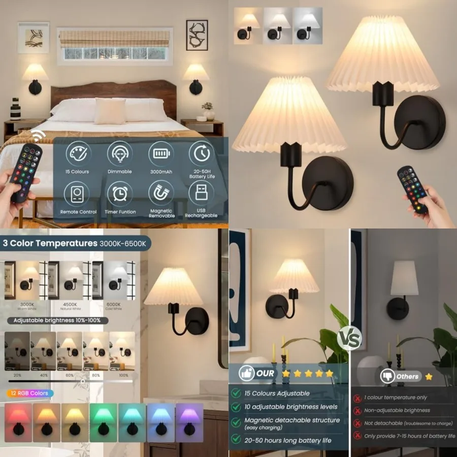 Rechargeable Battery Operated Wall Sconce Sets of 2, 15 Colors Wireless gooseneck Wall Lights Fixture with Dimmable Bulbs and R
Rechargeable Battery Operated Wall Sconce Sets of 2, 15 Colors Wireless gooseneck Wall Lights Fixture with Dimmable Bulbs and R