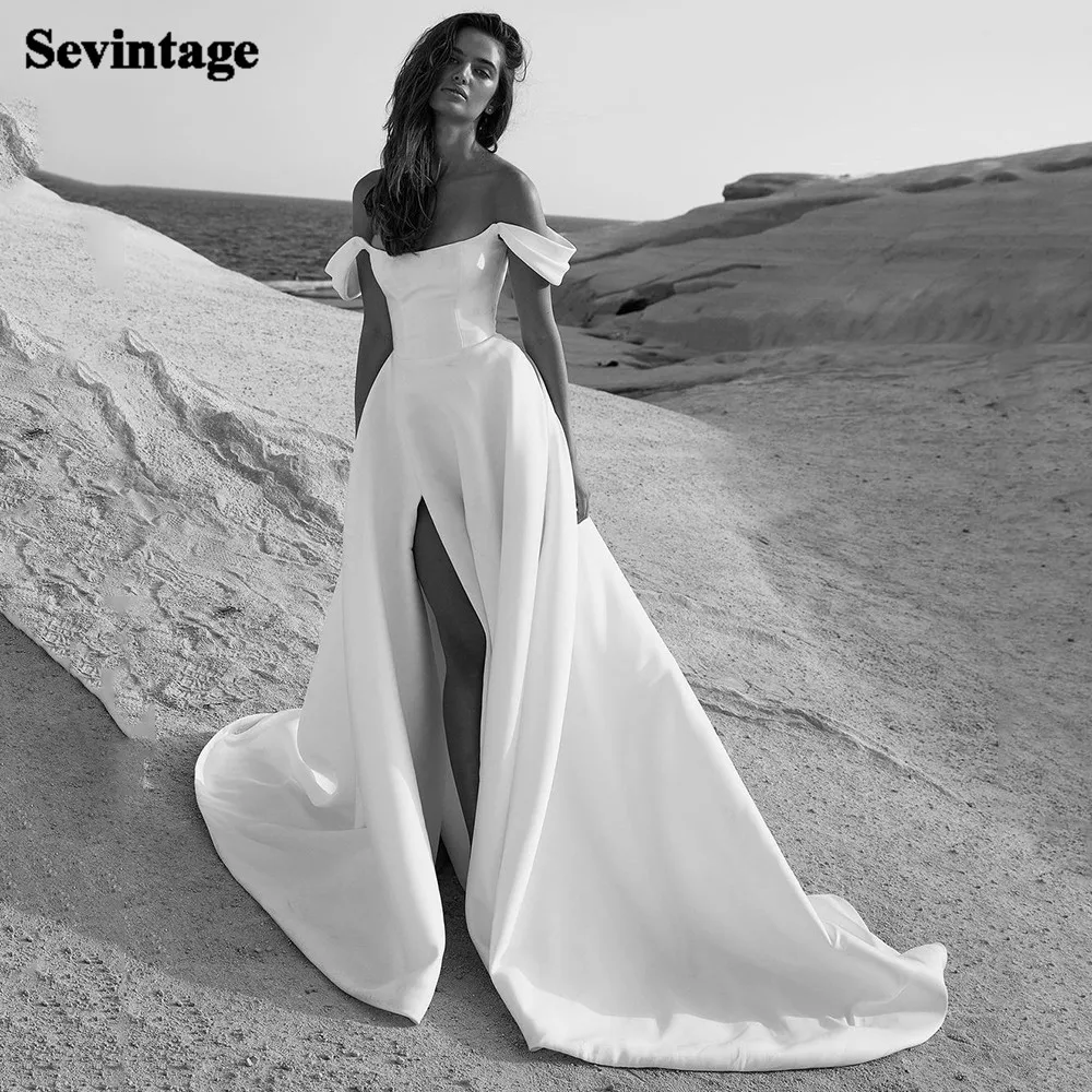 Sevintage Simple Satin Wedding Dresses Formal Wedding Party Gowns Off The Shoulder High Slit A Line Princess Women Bride Dress
Sevintage Simple Satin Wedding Dresses Formal Wedding Party Gowns Off The Shoulder High Slit A Line Princess Women Bride Dress