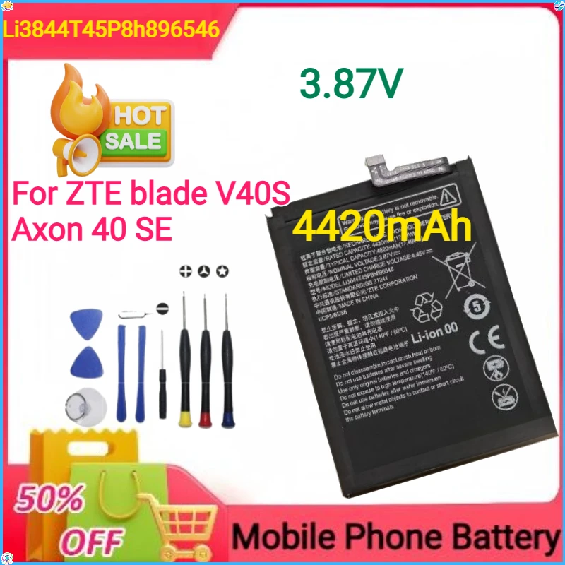 New 3.87V 4420mAh Li3844T45P8h896546 for ZTE Blade V40S Axon 40 SE Mobile Phone Battery+tools
New 3.87V 4420mAh Li3844T45P8h896546 for ZTE Blade V40S Axon 40 SE Mobile Phone Battery+tools
