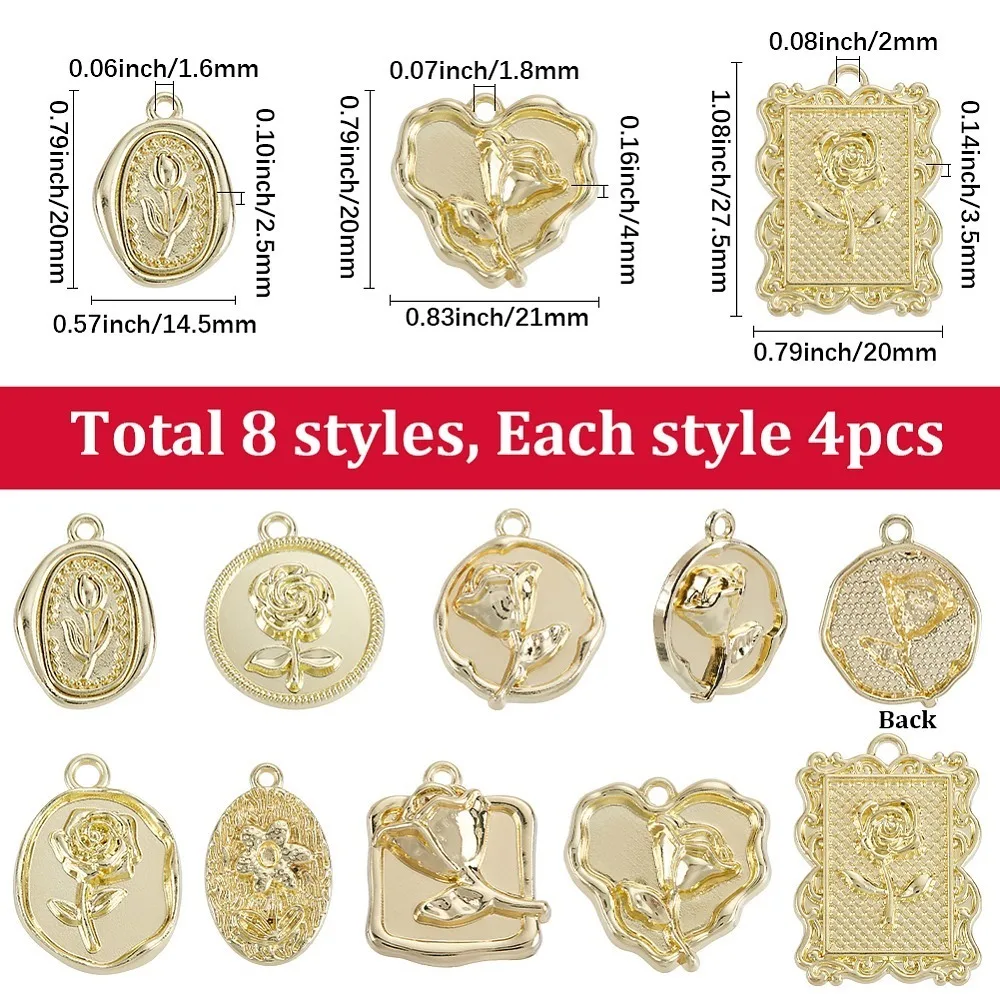 32Pcs 8 Styles Baroco Style Alloy Pendants Light Gold Flower Charms Mixed Shapes 20~27.5x14.5~21x2.5~6mm Hole: 1.6~2.2mm
32Pcs 8 Styles Baroco Style Alloy Pendants Light Gold Flower Charms Mixed Shapes 20~27.5x14.5~21x2.5~6mm Hole: 1.6~2.2mm