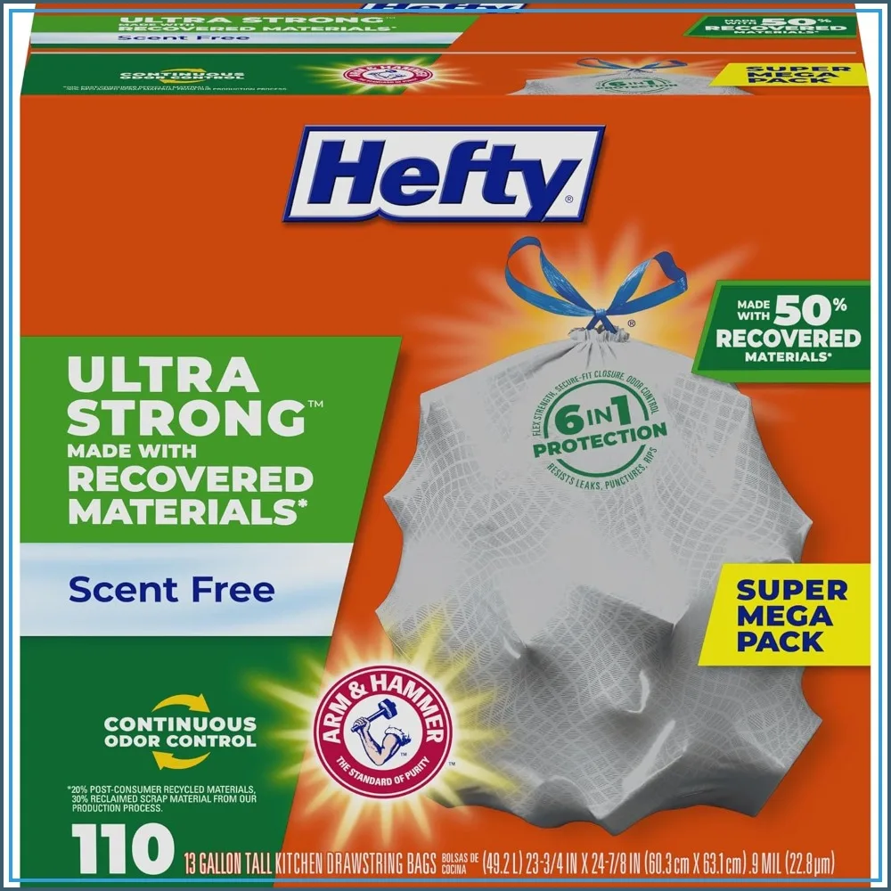 Ultra Strong Tall Kitchen Trash Bags, 50% Recycled Materials, 13 Gallon, 110 Count
Ultra Strong Tall Kitchen Trash Bags, 50% Recycled Materials, 13 Gallon, 110 Count