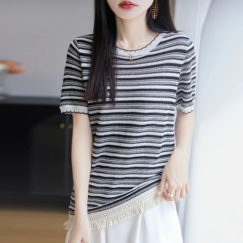 ZOCEPT Tencel Lyocell Knitted Short Sleeve Women's Summer Black White Stripe Color blocked T-shirt Loose Slim Half Sleeve Top
ZOCEPT Tencel Lyocell Knitted Short Sleeve Women's Summer Black White Stripe Color blocked T-shirt Loose Slim Half Sleeve Top