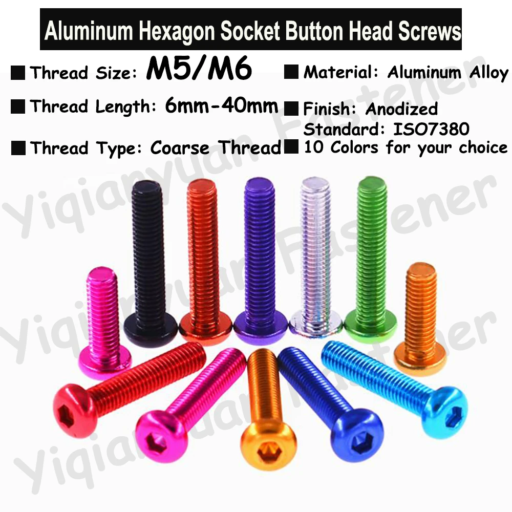 2Pcs-5Pcs M5 M6 ISO7380 Colourful Aluminum Hexagon Socket Button Head Screws Allen Key Screws with Coarse Thread 10 Colors
2Pcs-5Pcs M5 M6 ISO7380 Colourful Aluminum Hexagon Socket Button Head Screws Allen Key Screws with Coarse Thread 10 Colors