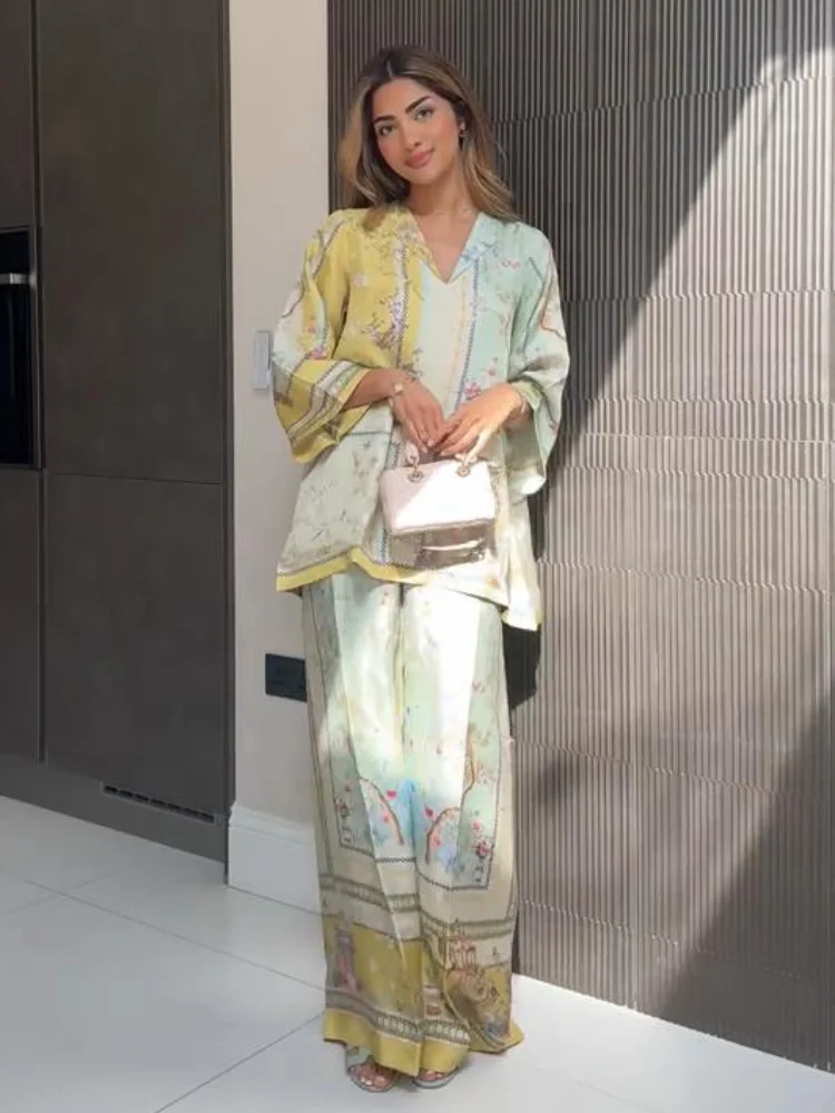 Fashion Women's Printed Long Pants Set Chic V Neck Long Sleeve Shirt Loose Wide Leg Trousers Suit Summer Female 2 Pcs Set Street
Fashion Women's Printed Long Pants Set Chic V Neck Long Sleeve Shirt Loose Wide Leg Trousers Suit Summer Female 2 Pcs Set Street