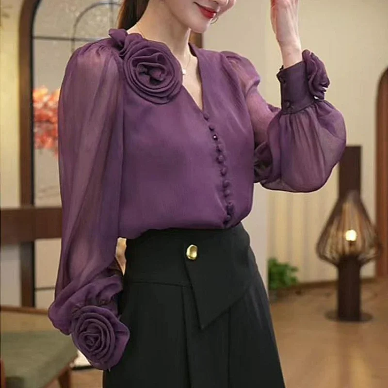Women Trendy 3D Flower Design Luxury Chic Shirt Office Lady Elegant Commute Blouse Spring Summer Solid V Neck Long Sleeve Tops
Women Trendy 3D Flower Design Luxury Chic Shirt Office Lady Elegant Commute Blouse Spring Summer Solid V Neck Long Sleeve Tops