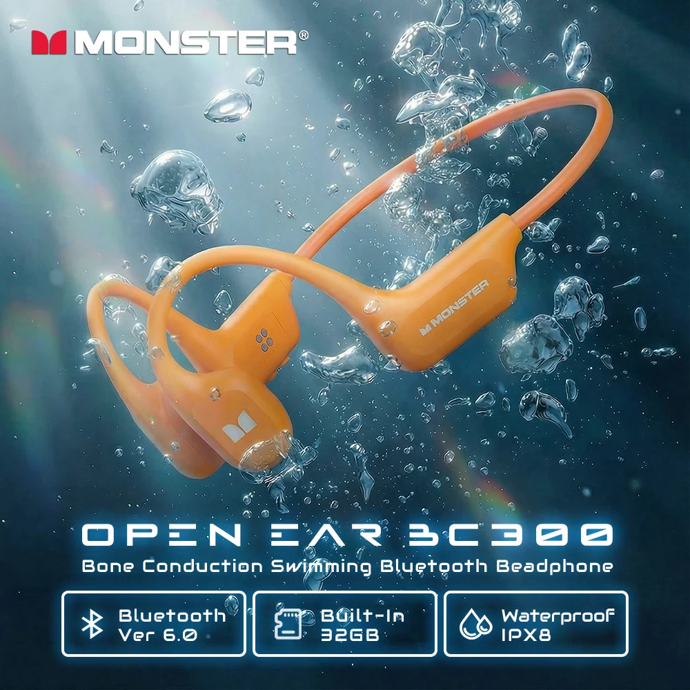 Monster BC300 Bone Conduction Bluetooth 6.0 Headphone IPX8 Waterproof Wireless Swimming Earphones Built-in 32GB Sport Earhook
Monster BC300 Bone Conduction Bluetooth 6.0 Headphone IPX8 Waterproof Wireless Swimming Earphones Built-in 32GB Sport Earhook