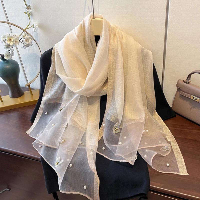 Elegant Headkerchief Silk Scarf Pearl Butterfly Embellished Scarf Luxury Women's Hijab Shawls Spring Autumn Fashion Accessories
Elegant Headkerchief Silk Scarf Pearl Butterfly Embellished Scarf Luxury Women's Hijab Shawls Spring Autumn Fashion Accessories