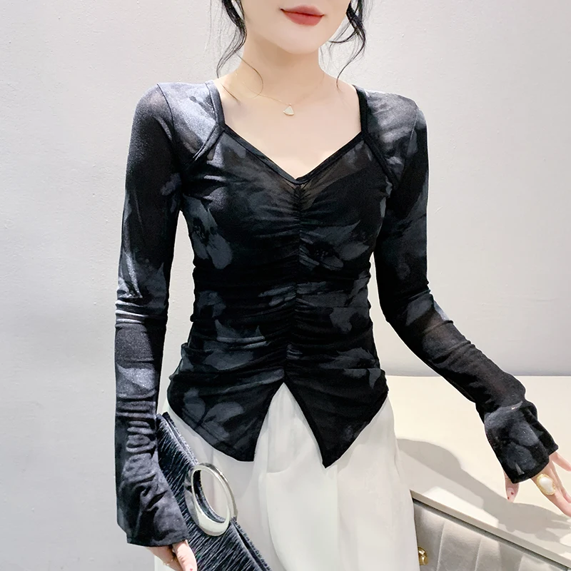 Black Korean Style Fall T-Shirt Fashion Sexy Print Mesh Draped Women Tops Long Sleeve Elastic Plants Flowers Tees 2024 New 49130
Black Korean Style Fall T-Shirt Fashion Sexy Print Mesh Draped Women Tops Long Sleeve Elastic Plants Flowers Tees 2024 New 49130