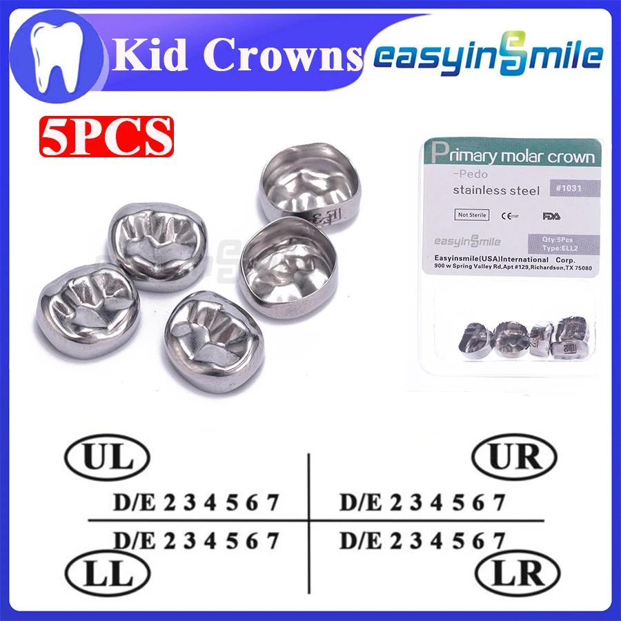 5pcs Dental Kids Crown premolar Stainless Steel Temporary Molar Crown Pediatric DUL2-DUR4-ELL3-ELR6 48 sizes
5pcs Dental Kids Crown premolar Stainless Steel Temporary Molar Crown Pediatric DUL2-DUR4-ELL3-ELR6 48 sizes