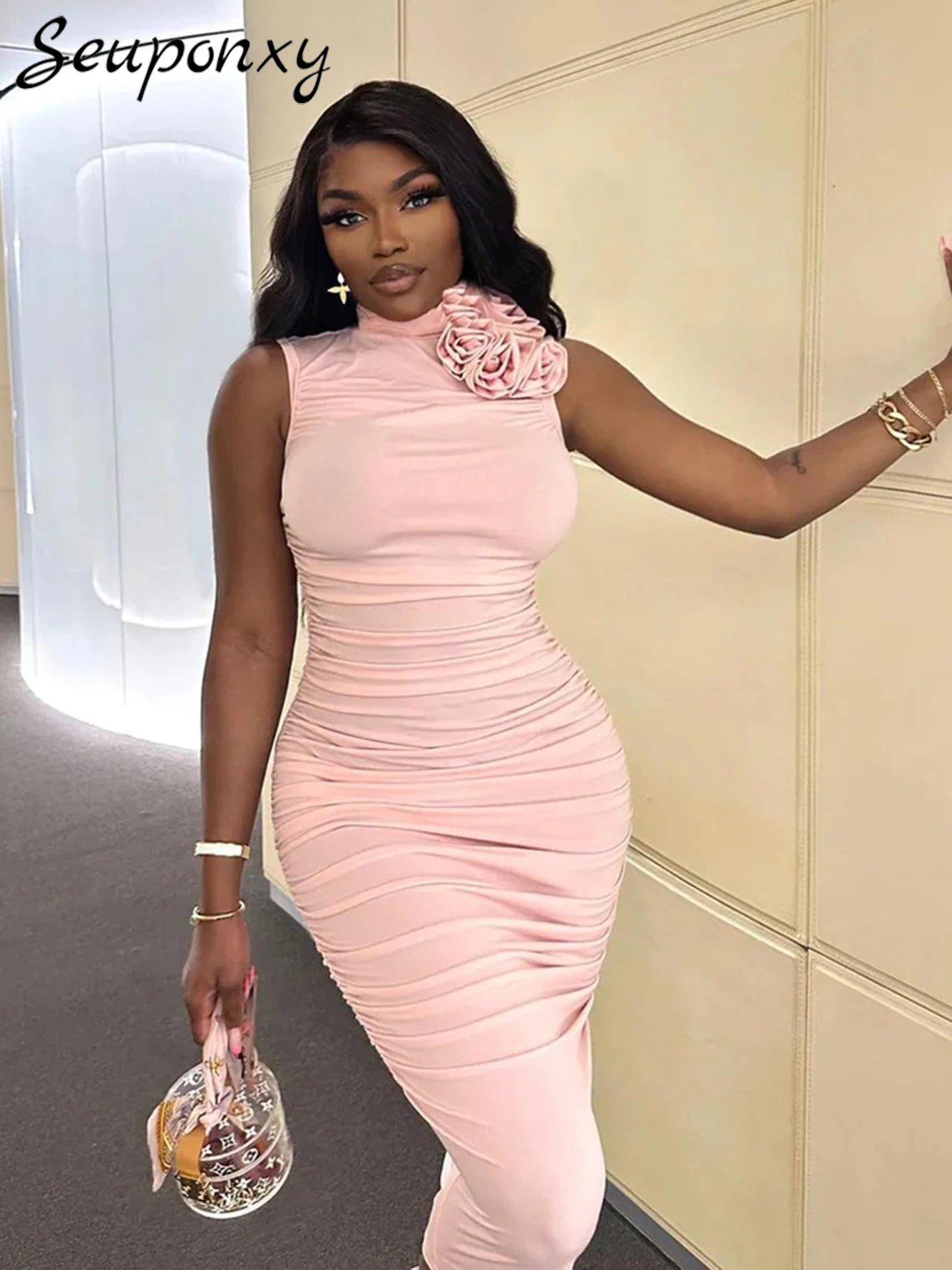 High Quality Summer Women's Pink Bodycon Dress 2023 Sexy Sleeveless Pleated Flowers Elegant Party Birthday Prom Dress Vestidos
High Quality Summer Women's Pink Bodycon Dress 2023 Sexy Sleeveless Pleated Flowers Elegant Party Birthday Prom Dress Vestidos