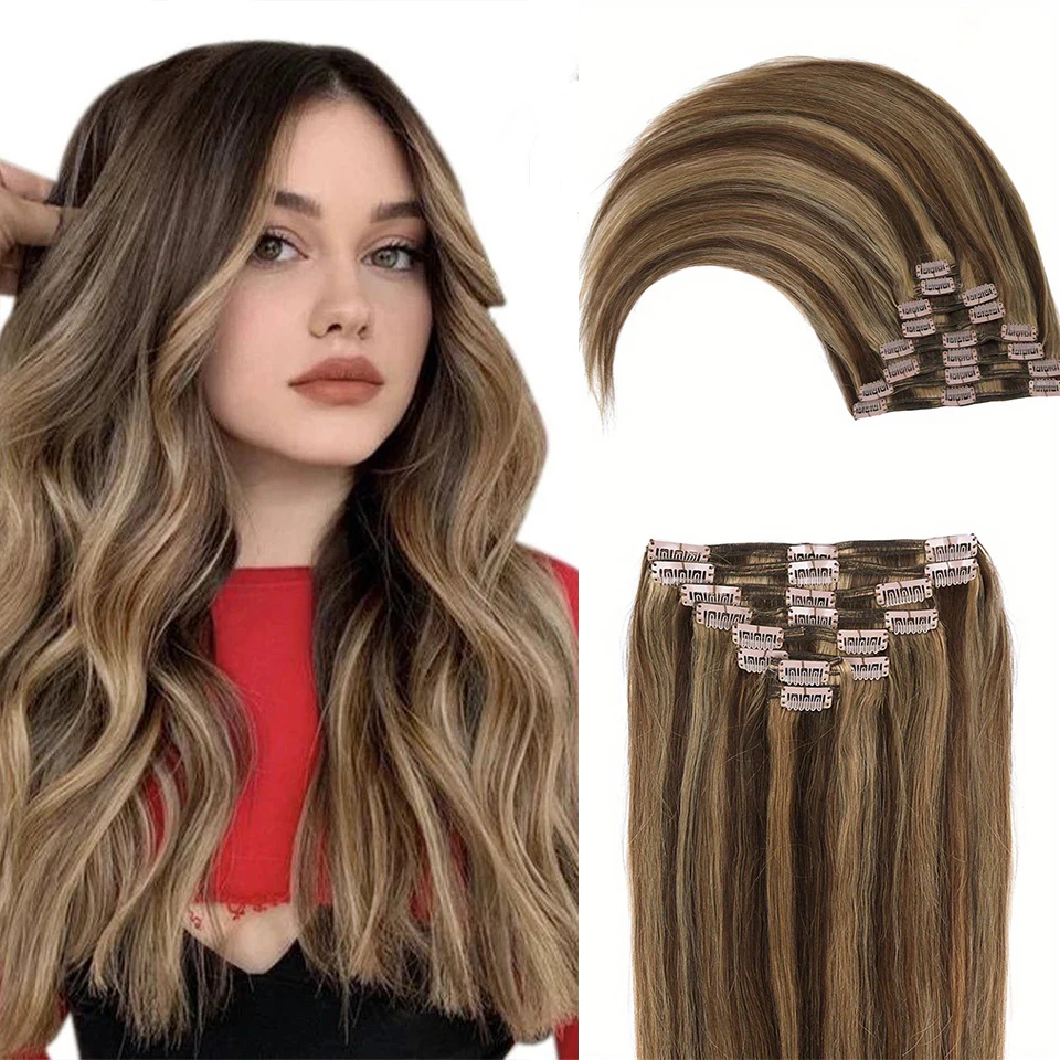 8pcs Double Straight Remy 100% Human Hair Extensions 18 clips in Dark Brown and Dirty Blonde Head Thickened Soft Straight 4P27#
8pcs Double Straight Remy 100% Human Hair Extensions 18 clips in Dark Brown and Dirty Blonde Head Thickened Soft Straight 4P27#