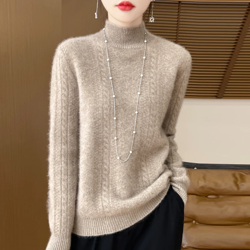 Women Knit Pullover Blouse Half High Neck Thick Warm Top Autumn Winter Woman 100% Merino Wool Sweater Loose Fit Cashmere Sweater
Women Knit Pullover Blouse Half High Neck Thick Warm Top Autumn Winter Woman 100% Merino Wool Sweater Loose Fit Cashmere Sweater