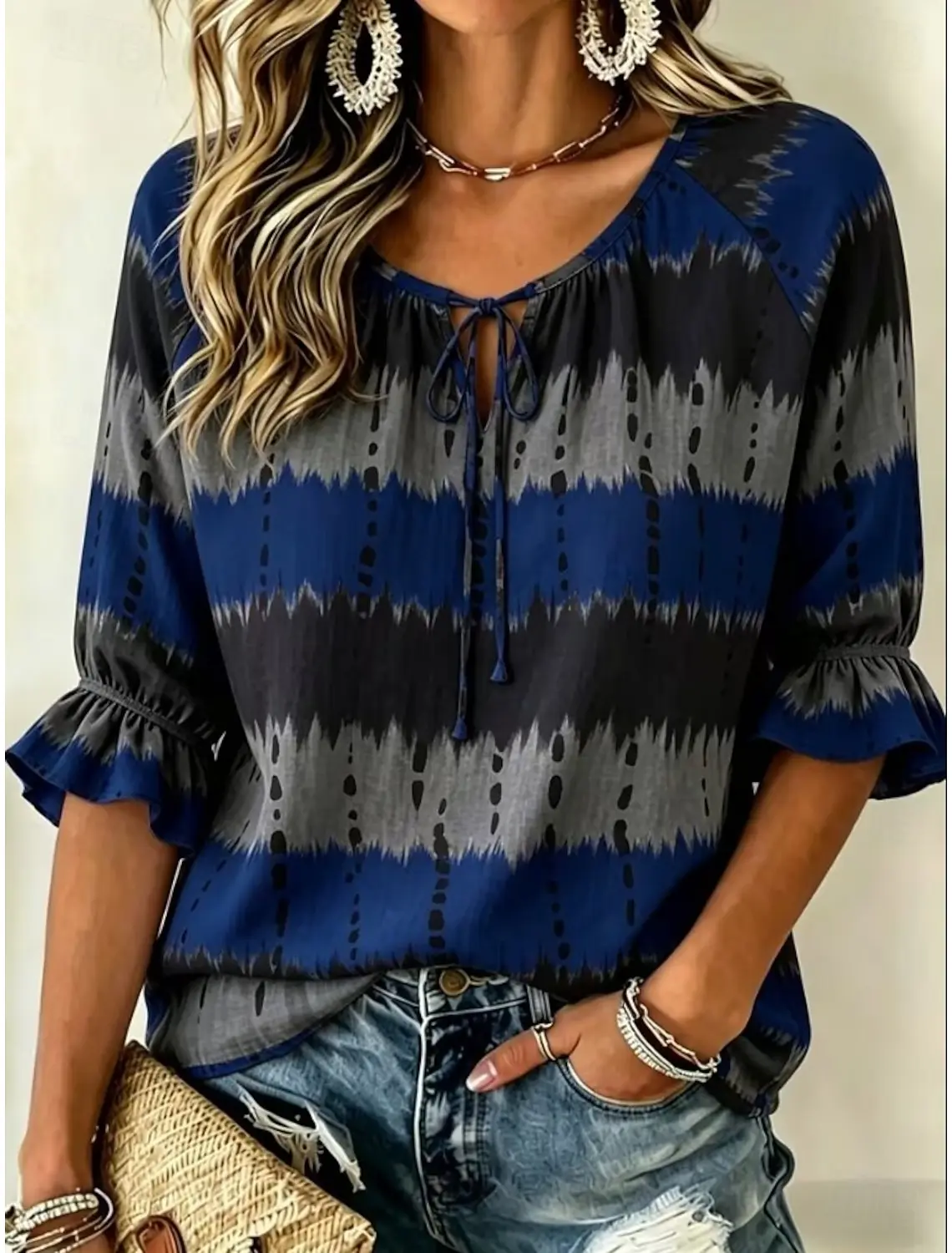 Women's Blue Grey Tie-Dye Print Tie Neck Blouse, Casual Loose Tops for Spring Summer Daily Wear & Vacation Occasions
Women's Blue Grey Tie-Dye Print Tie Neck Blouse, Casual Loose Tops for Spring Summer Daily Wear & Vacation Occasions