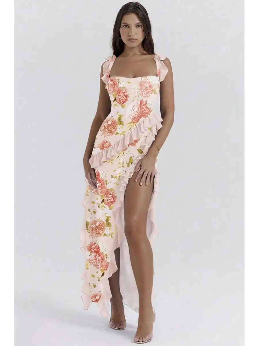 French Style Spaghetti Strap Ruffle Floral Print High Low Long Dress For Women
French Style Spaghetti Strap Ruffle Floral Print High Low Long Dress For Women
