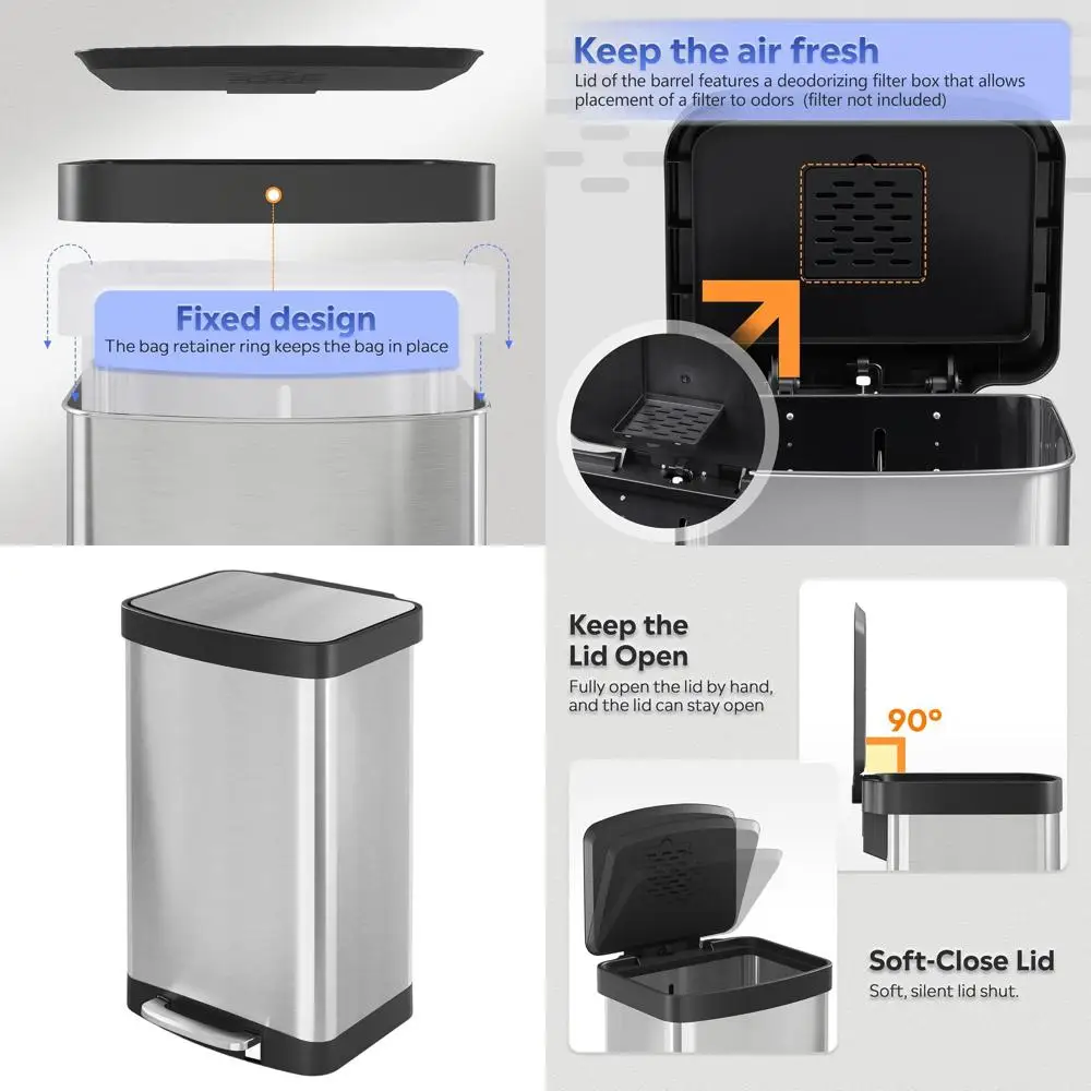 55-Liter Gallon Step-On Trash Can with Lid, 14.5-Gallon Stainless Steel Kitchen Bin, Hands-Free Integrated Bag Holder, Silver
55-Liter Gallon Step-On Trash Can with Lid, 14.5-Gallon Stainless Steel Kitchen Bin, Hands-Free Integrated Bag Holder, Silver