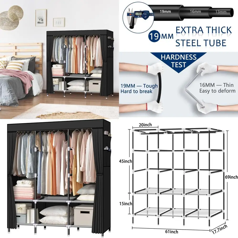 61 Non-Woven Fabric Portable Wardrobe with 3 Rods and 6 Shelves, Black Closet Organizer with Side Pockets for Clothes
61 Non-Woven Fabric Portable Wardrobe with 3 Rods and 6 Shelves, Black Closet Organizer with Side Pockets for Clothes