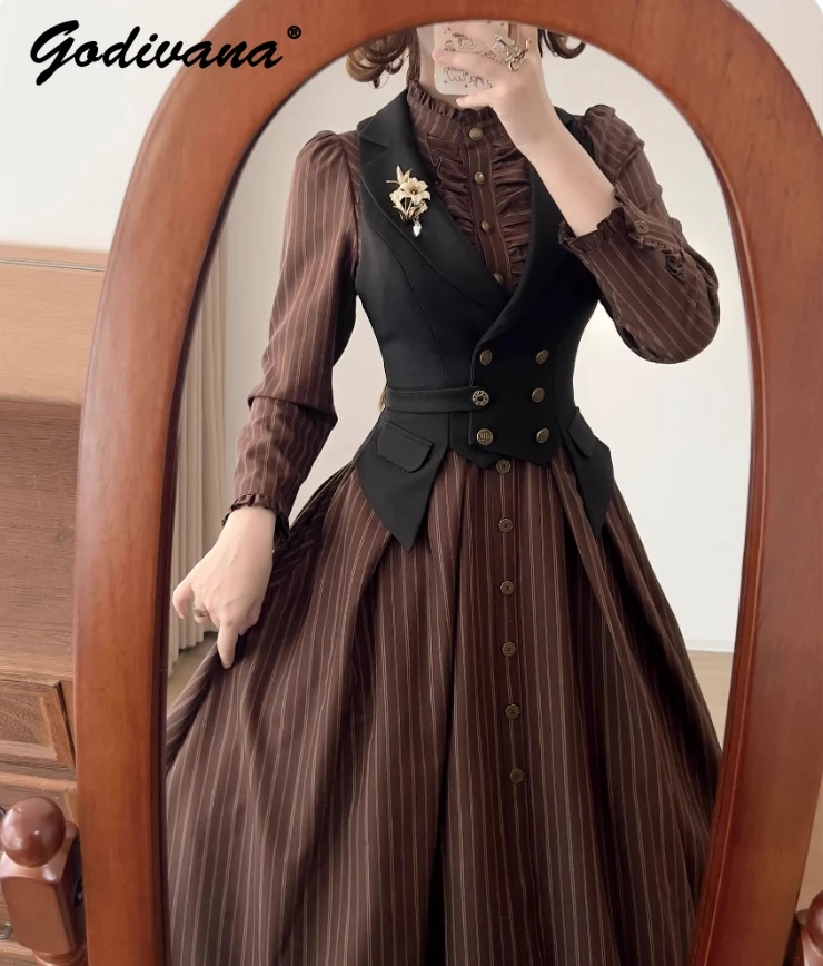 Original Retro Women's Elegant Stand Collar Long Sleeve Striped Dress Slim-fit Blazer Vest Spring and Autumn Female Dress Set
Original Retro Women's Elegant Stand Collar Long Sleeve Striped Dress Slim-fit Blazer Vest Spring and Autumn Female Dress Set