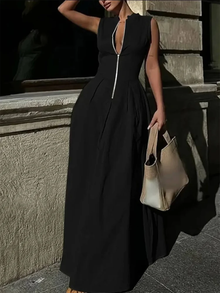 Chic Sleeveless Zipper Maxi Dress Women Solid Color Deep V Neck High Waisted Fitted Elegant Robe 2026 Workwear Evening Gowns
Chic Sleeveless Zipper Maxi Dress Women Solid Color Deep V Neck High Waisted Fitted Elegant Robe 2026 Workwear Evening Gowns
