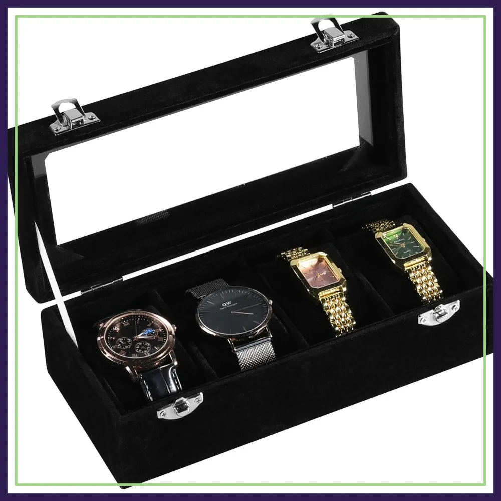 4-Slot Watch Box, Velvet Watch Case with Glass Lid, Lockable Watch Organizer for Men and Women, Display Case Gift (Black)
4-Slot Watch Box, Velvet Watch Case with Glass Lid, Lockable Watch Organizer for Men and Women, Display Case Gift (Black)