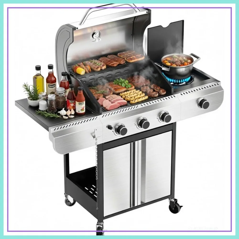 3-Burner Propane Gas Grill with Side Burner, 34,000 BTU Stainless Steel BBQ Grill – Heavy-Duty Porcelain-Enameled Grates for Patio and Outdoor Cooking
3-Burner Propane Gas Grill with Side Burner, 34,000 BTU Stainless Steel BBQ Grill – Heavy-Duty Porcelain-Enameled Grates for Patio and Outdoor Cooking