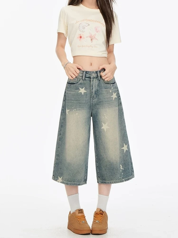 Retro American High Waist Loose Wide Leg Jeans Short Pants Summer Thin Star Print Women's Denim Capri Pants Wear Resistant
Retro American High Waist Loose Wide Leg Jeans Short Pants Summer Thin Star Print Women's Denim Capri Pants Wear Resistant
