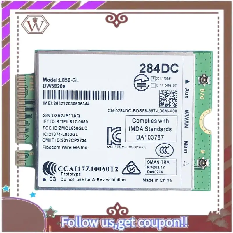ABBG-DW5820E L850-GL Модуль карты LTE 4G 0284DC 284DC для ноутбука Dell 3500 5400
ABBG-DW5820E L850-GL Модуль карты LTE 4G 0284DC 284DC для ноутбука Dell 3500 5400