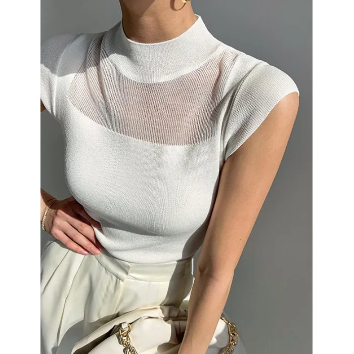 Semi-high Collar Ice Silk Knitted Top Women's Sexy See-through Tight Fit Shoulder Baring Summer Fashion Ladies' Knitwear
Semi-high Collar Ice Silk Knitted Top Women's Sexy See-through Tight Fit Shoulder Baring Summer Fashion Ladies' Knitwear