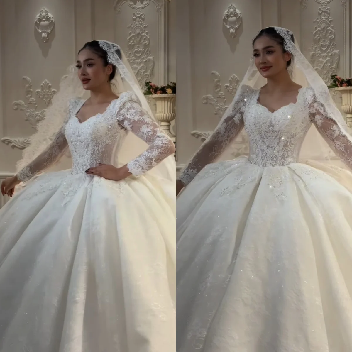Customized V-Neck Ball Gown Wedding Dress Long Sleeve Lace Appliques Sparkly Bridal Gown with Cathedral Train Vestido De Novia
Customized V-Neck Ball Gown Wedding Dress Long Sleeve Lace Appliques Sparkly Bridal Gown with Cathedral Train Vestido De Novia