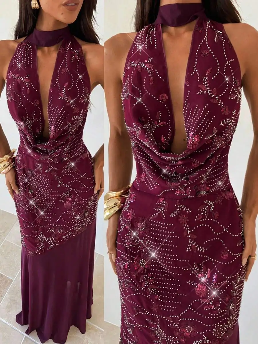 Burgundy Halter Neck Evening Dress With Sequins And Beading For Women
Burgundy Halter Neck Evening Dress With Sequins And Beading For Women