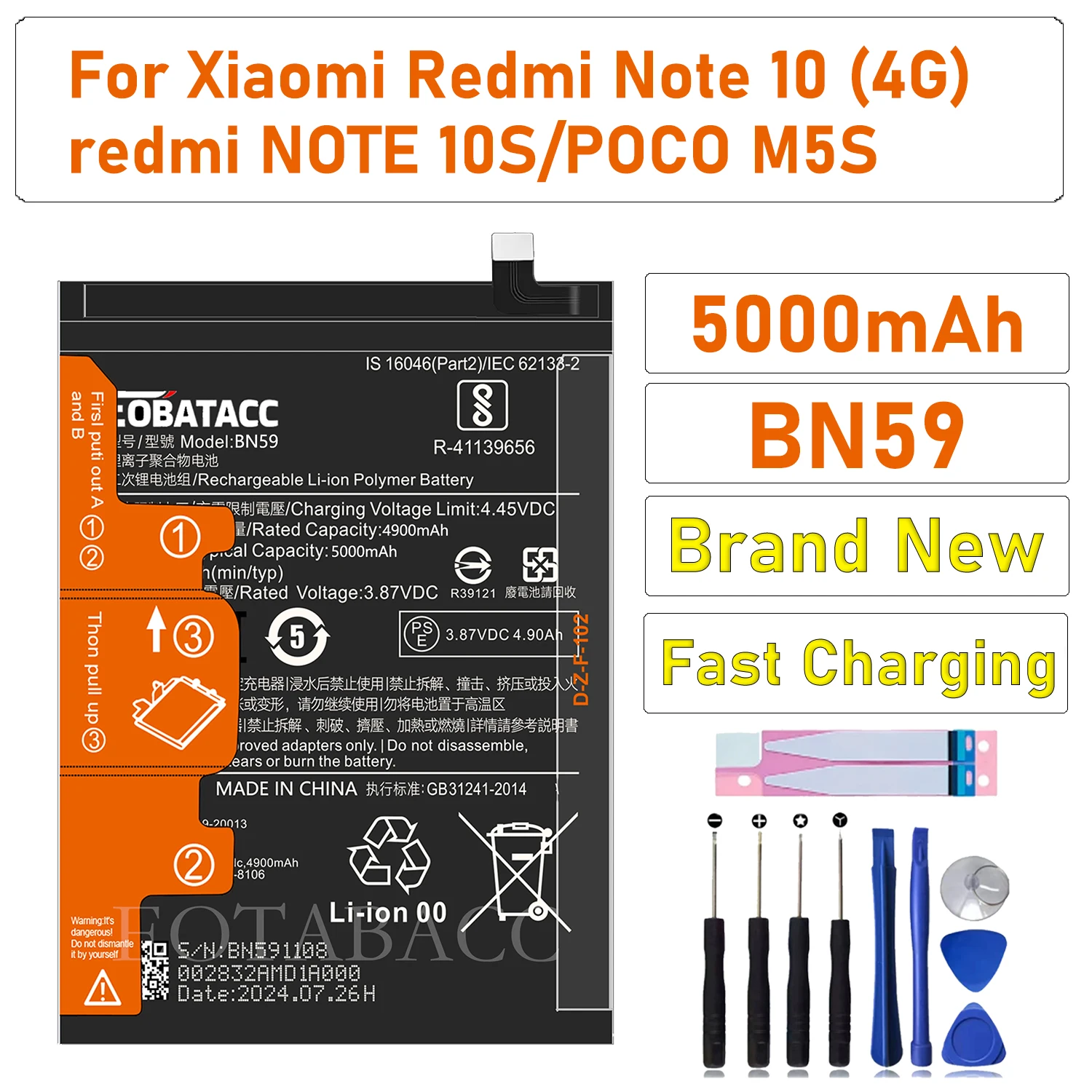 100% New Original Battery BN59 For XIAOMI REDMI Note 10(4G)/NOTE 10S/POCO M5S Battery +Tools
100% New Original Battery BN59 For XIAOMI REDMI Note 10(4G)/NOTE 10S/POCO M5S Battery +Tools