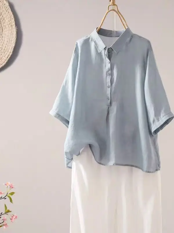 Casual Cotton Linen irt Women's Summer Thin Large Size Slimming Loose Belly Covering Five-Quarter Sve Collar Top
Casual Cotton Linen irt Women's Summer Thin Large Size Slimming Loose Belly Covering Five-Quarter Sve Collar Top