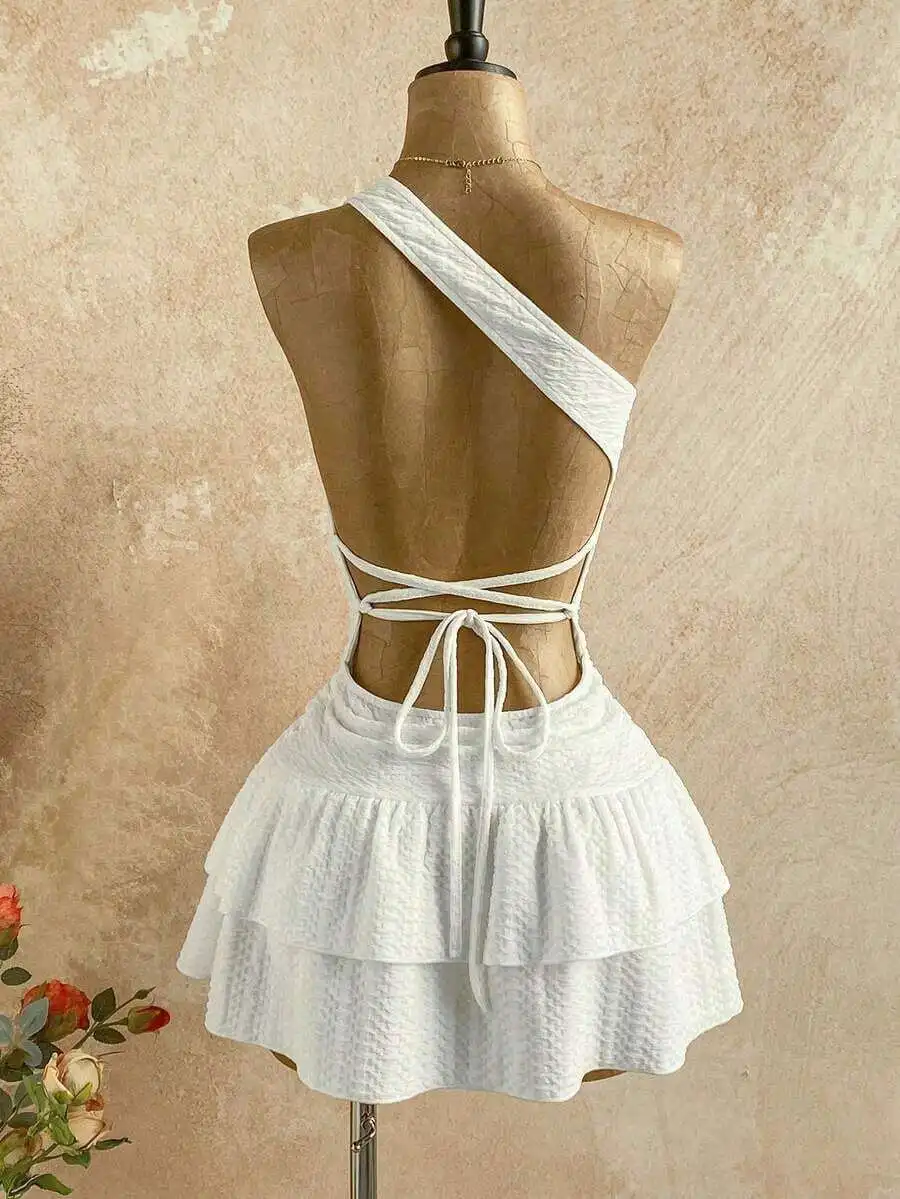 White One Shoulder Backless Tie-Up Ruffle Hem Mini Dress For Beach Vacation
White One Shoulder Backless Tie-Up Ruffle Hem Mini Dress For Beach Vacation