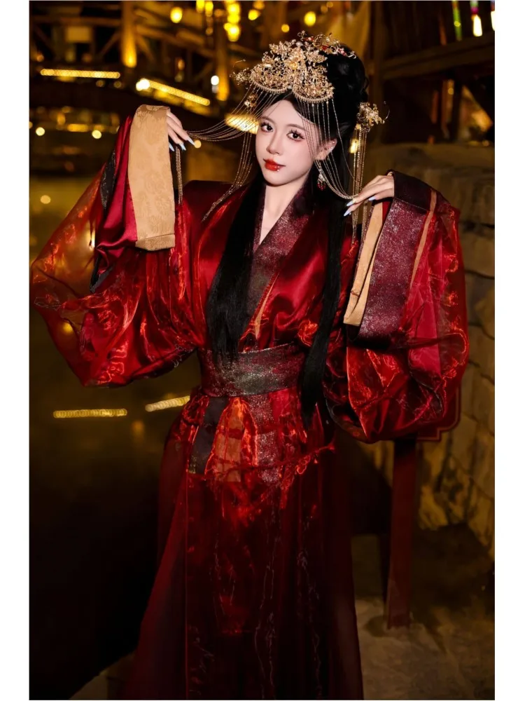 Red robe Hanfu large sleeves long tail cross-collar and straight skirt ancient-style dance performance costume
Red robe Hanfu large sleeves long tail cross-collar and straight skirt ancient-style dance performance costume