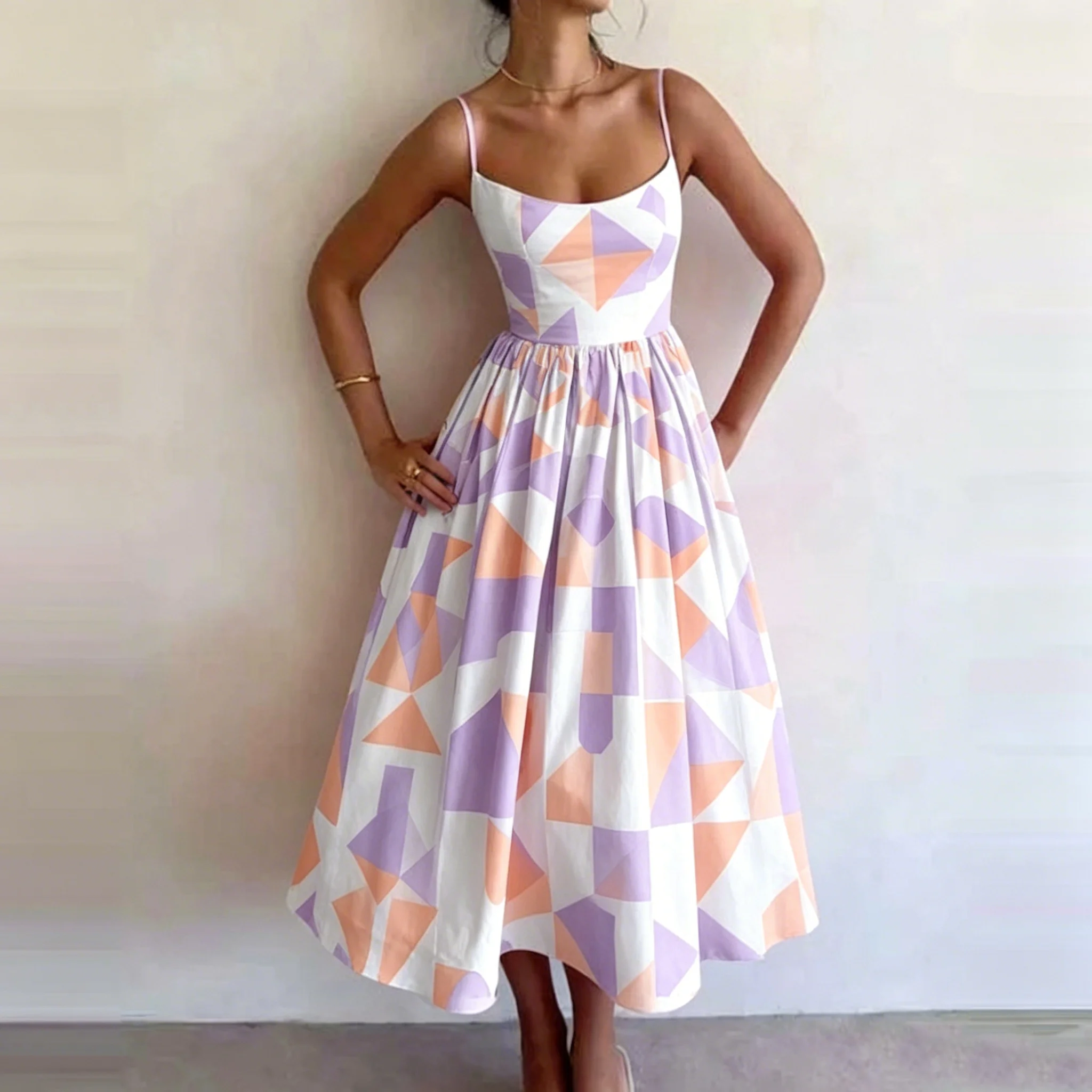 Women's Fashion Geometric Print Spaghetti Strap Midi Dress A-Line High Waist Casual Summer Dress Elegant Daily Party Outfit
Women's Fashion Geometric Print Spaghetti Strap Midi Dress A-Line High Waist Casual Summer Dress Elegant Daily Party Outfit