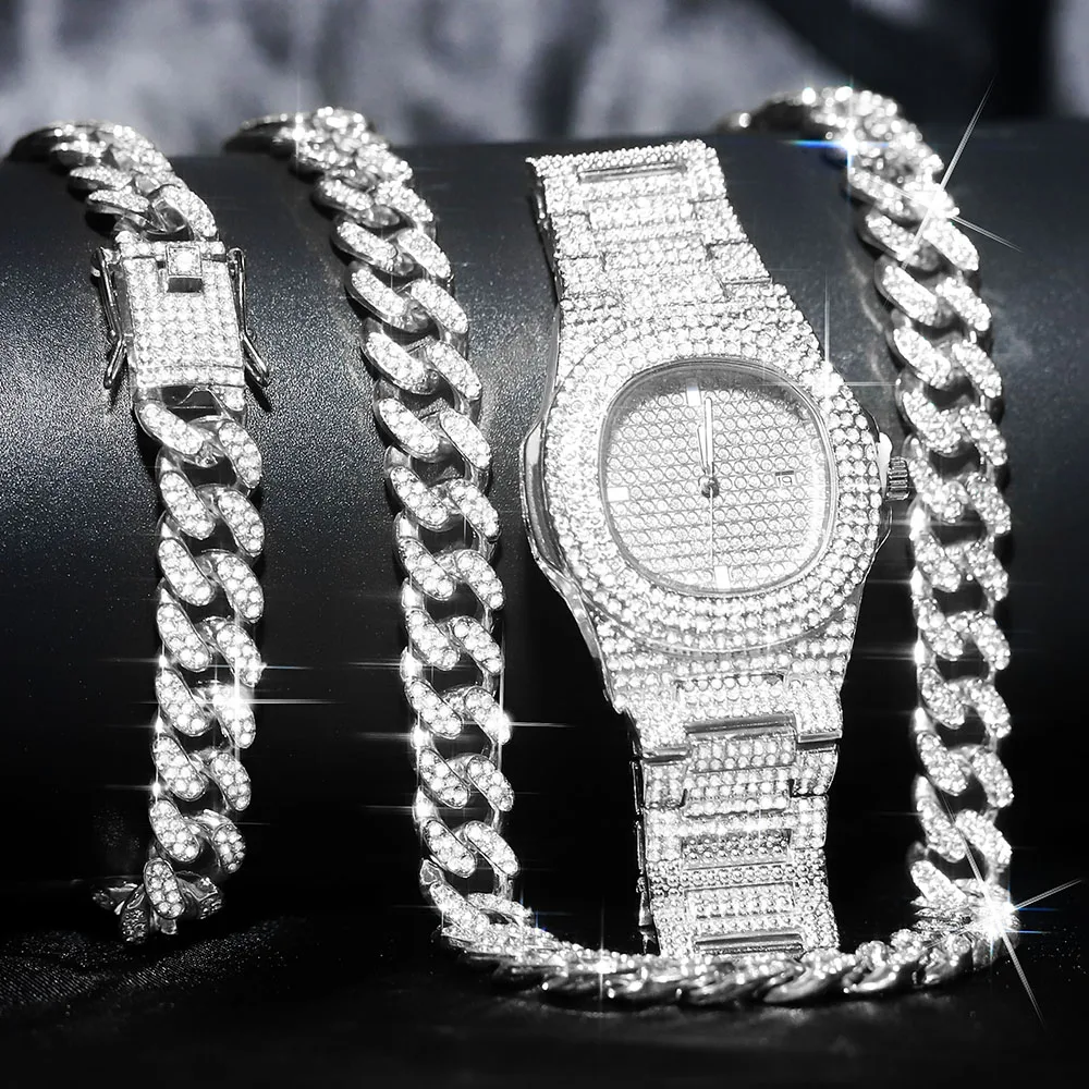 3 шт., мужские классические часы, стильный хип-хоп, панк, кубинская цепочка + браслет + часы, комплект 3-в-1, трендовые ювелирные изделия, подарок для мужчин, уличный стиль
3 шт., мужские классические часы, стильный хип-хоп, панк, кубинская цепочка + браслет + часы, комплект 3-в-1, трендовые ювелирные изделия, подарок для мужчин, уличный стиль