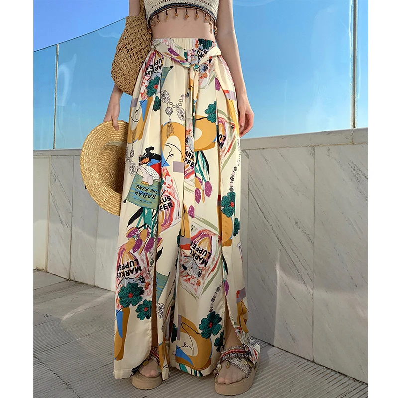 Chic Retro Mesh Plant Flower Print High-waist Lace-up Wide-leg Pants Women Summer Elegance Chiffon Sunscreen Side-slit Pants
Chic Retro Mesh Plant Flower Print High-waist Lace-up Wide-leg Pants Women Summer Elegance Chiffon Sunscreen Side-slit Pants