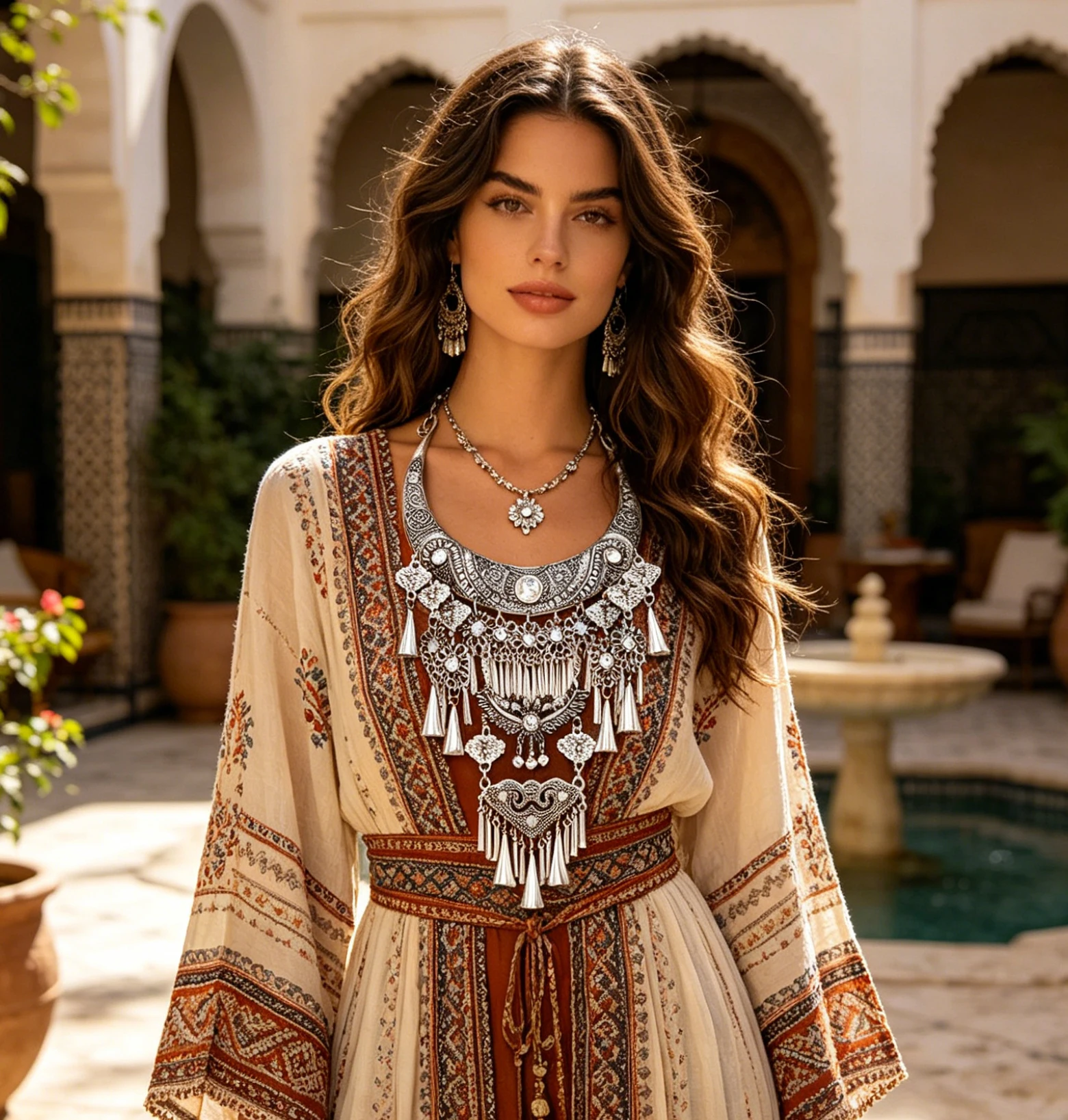 Kazakh retro ethnic style silver alloy carved women's necklace with rhinestone inlaid trumpet-shaped tassels
Kazakh retro ethnic style silver alloy carved women's necklace with rhinestone inlaid trumpet-shaped tassels