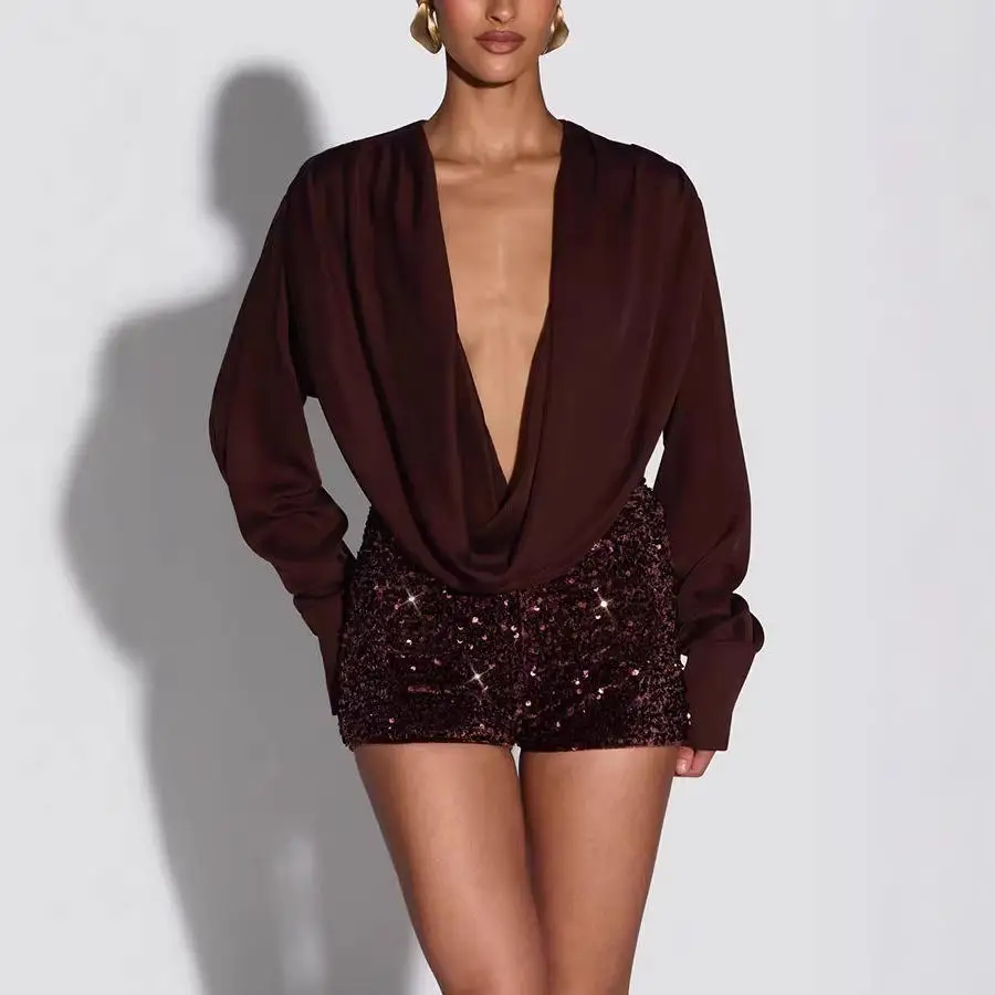 New Independent Station Women's Long Sleeve Deep V-neck Sequin Shorts Two-piece Set Color Fashionable Sexy Ensemble
New Independent Station Women's Long Sleeve Deep V-neck Sequin Shorts Two-piece Set Color Fashionable Sexy Ensemble