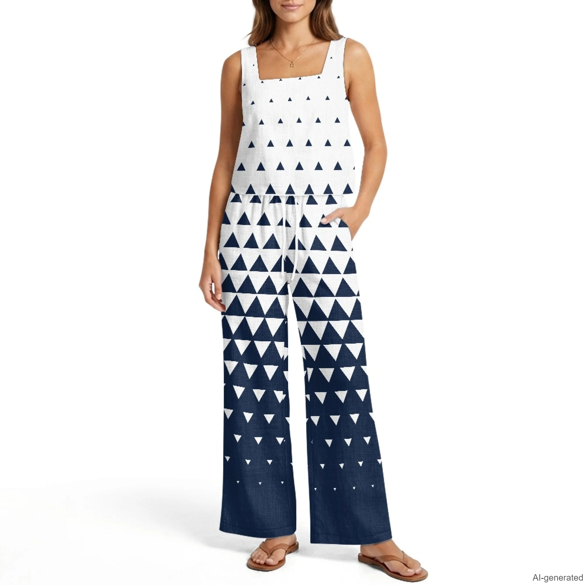 INSTANTARTS Women's Vest Wide-Leg Pants Linen Suit 2Pc Summer Casual Outfits Triangle print Sleeveless Vest Wide Leg Pants S-2XL
INSTANTARTS Women's Vest Wide-Leg Pants Linen Suit 2Pc Summer Casual Outfits Triangle print Sleeveless Vest Wide Leg Pants S-2XL