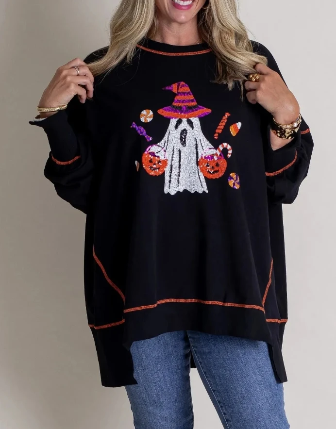 Women's Sweatshirts 2024 Autumn Fashion Halloween Ghost Sequin Sweatshirts Embroidered Casual Loose Long Sleeved Top
Women's Sweatshirts 2024 Autumn Fashion Halloween Ghost Sequin Sweatshirts Embroidered Casual Loose Long Sleeved Top