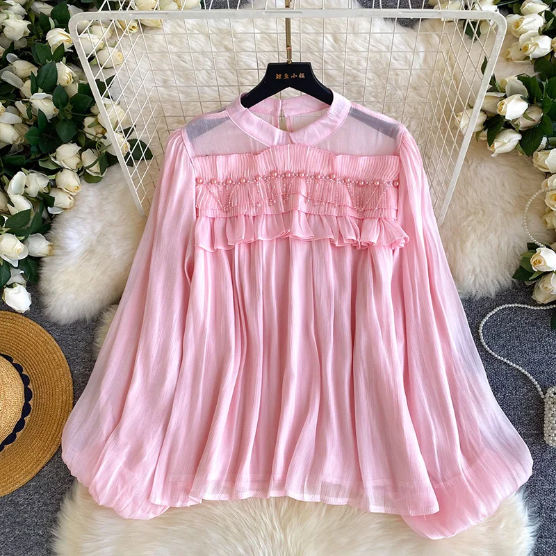 Spring Women's Sweet Pink Ruffled Lantern Sleeve Blouse Women's New Fashionable Nail Bead Pullover Long Sleeved Tops W107
Spring Women's Sweet Pink Ruffled Lantern Sleeve Blouse Women's New Fashionable Nail Bead Pullover Long Sleeved Tops W107