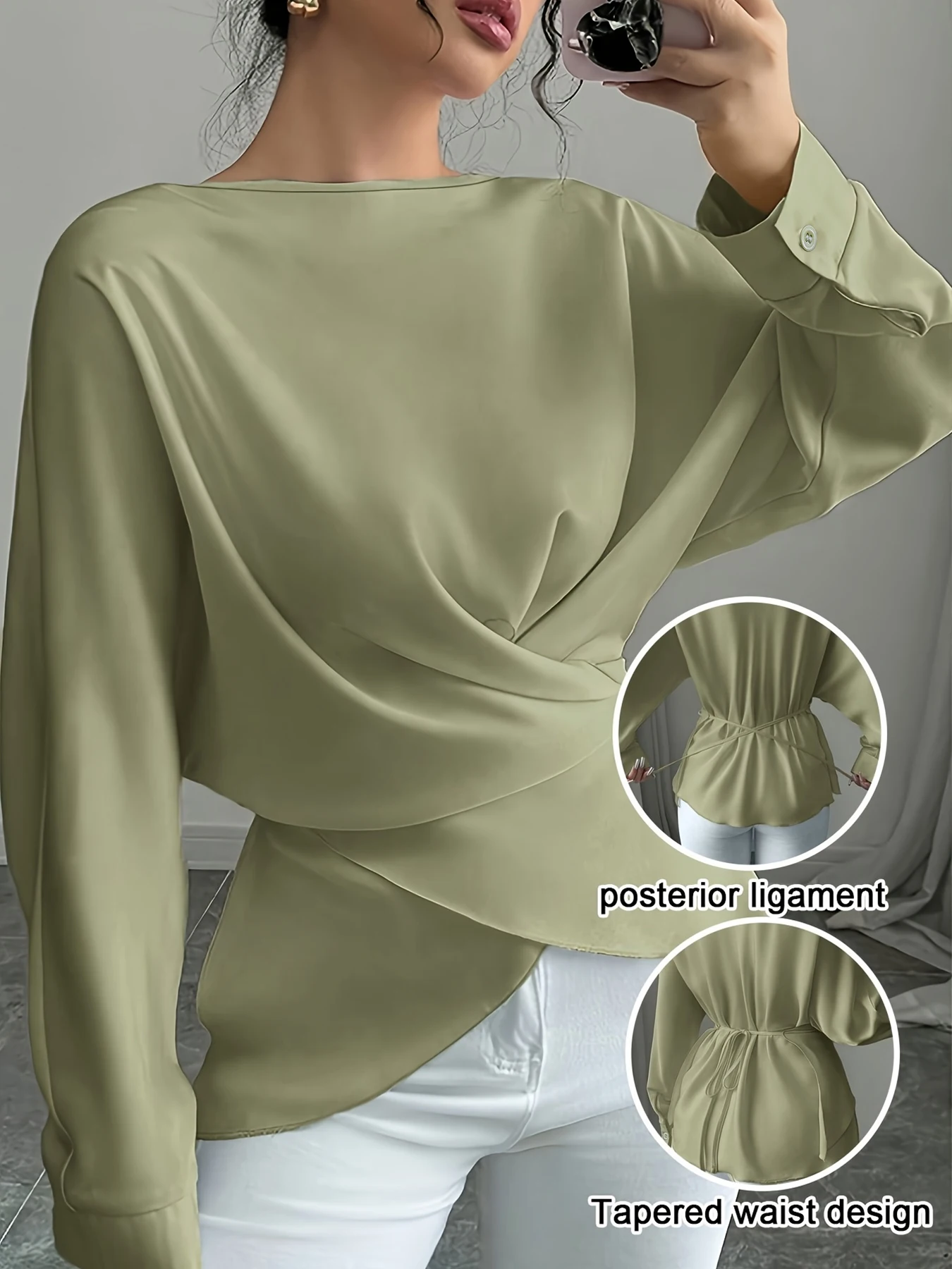 Women's Blouse Spring Summer Olive Green Wide Neck Long Sleeve Front Twist Drawstring Waist Satin Loose Elegant Daily Casual Top
Women's Blouse Spring Summer Olive Green Wide Neck Long Sleeve Front Twist Drawstring Waist Satin Loose Elegant Daily Casual Top