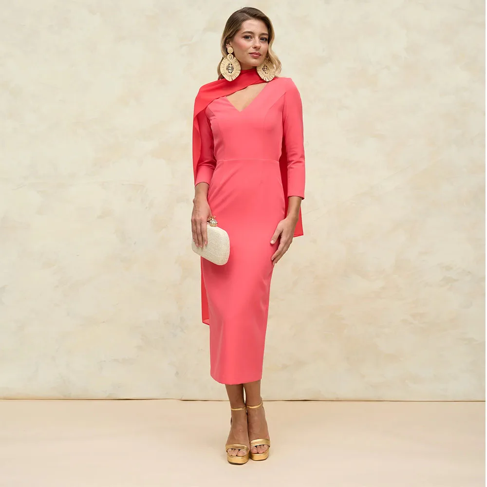 Simple Women's Evening Dresses V Neck 3/4 Sleeves Sheath Tea Length Back Cut Out Evening Gowns Elegant Party Dress
Simple Women's Evening Dresses V Neck 3/4 Sleeves Sheath Tea Length Back Cut Out Evening Gowns Elegant Party Dress