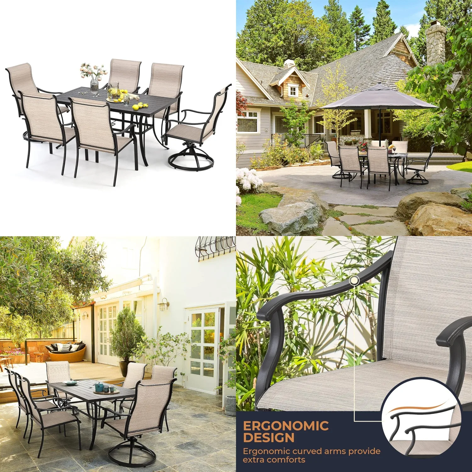 7pc Patio Dining Set w/ 2 Swivel & 4 Stationary Textilene Chairs,Outdoor Table & Chair Set for Yard Pool,Beige Brown,Customized
7pc Patio Dining Set w/ 2 Swivel & 4 Stationary Textilene Chairs,Outdoor Table & Chair Set for Yard Pool,Beige Brown,Customized