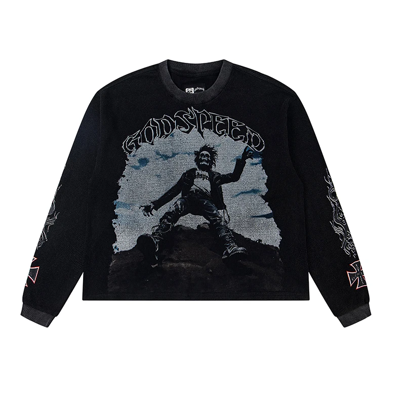 Осень-зима, новая вафельная вязка Godspeed с длинными рукавами и принтом черепа, потертые топы, футболка унисекс, американская футболка High Street GOD SPEED
Осень-зима, новая вафельная вязка Godspeed с длинными рукавами и принтом черепа, потертые топы, футболка унисекс, американская футболка High Street GOD SPEED